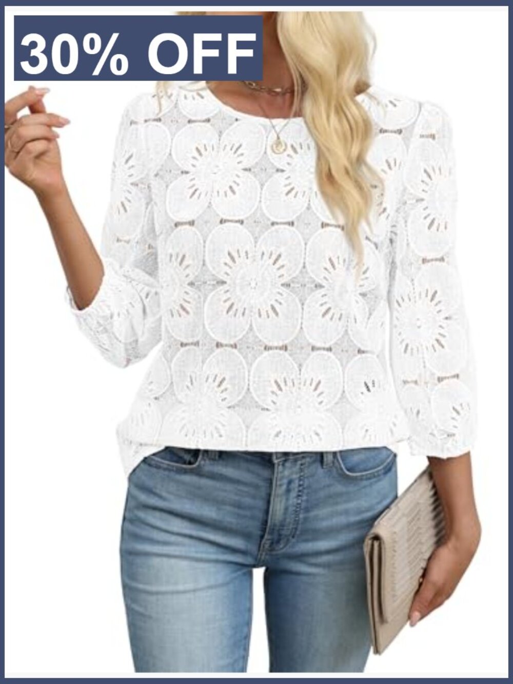Women's 3/4 Sleeve Eyelet Lace Peasant Blouse Dressy Casual Top - Picture 3 of 7
